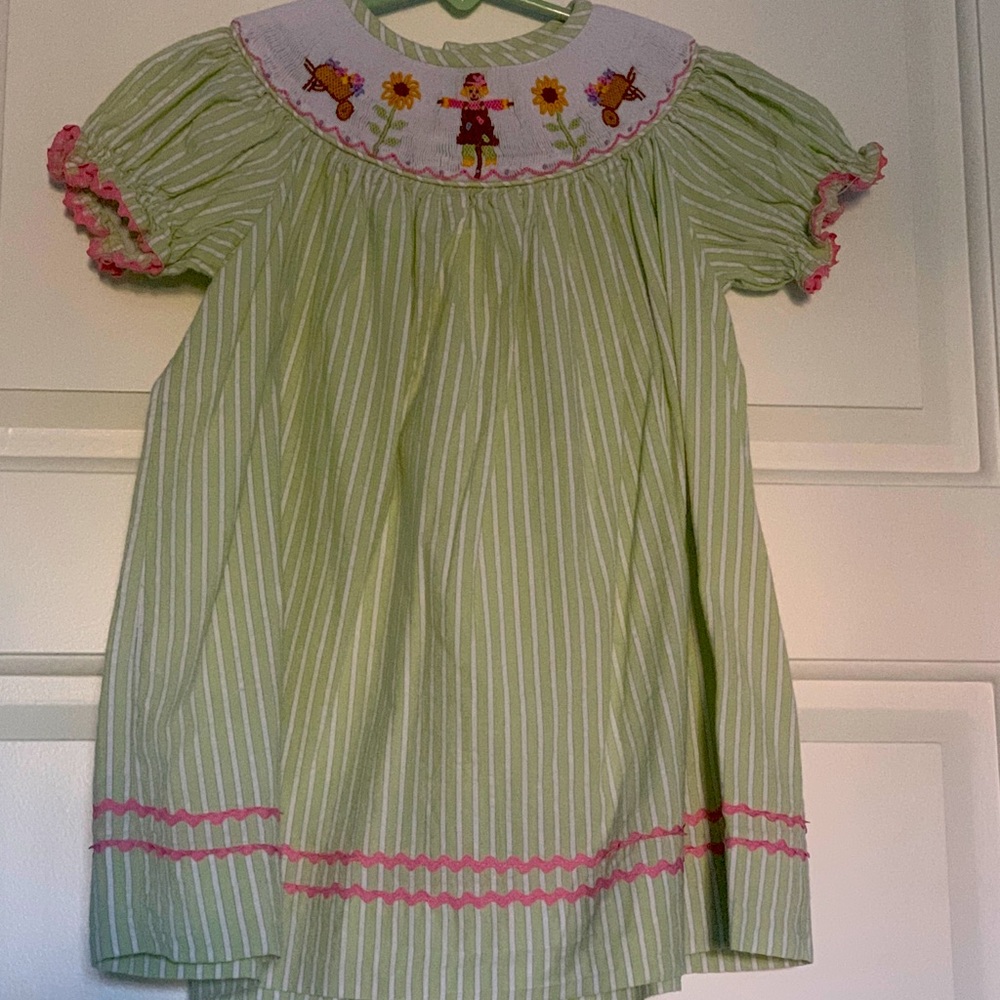 Beautiful green and white striped seersucker, smocked dress